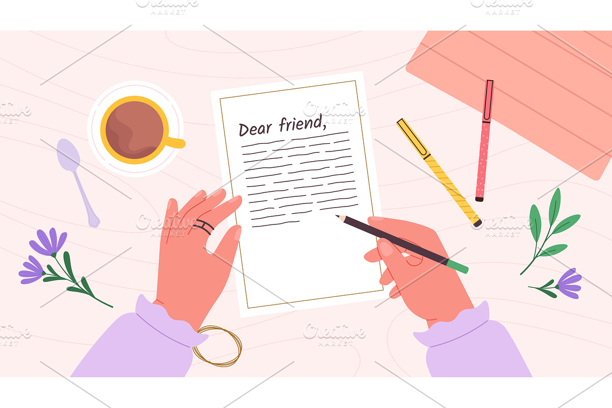 Human hands writing letter to friend, an Illustration by LadadikArt