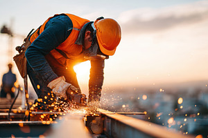 Construction Worker Grinding Metal at Sunset, an Industrial Photo by AlyaAnd