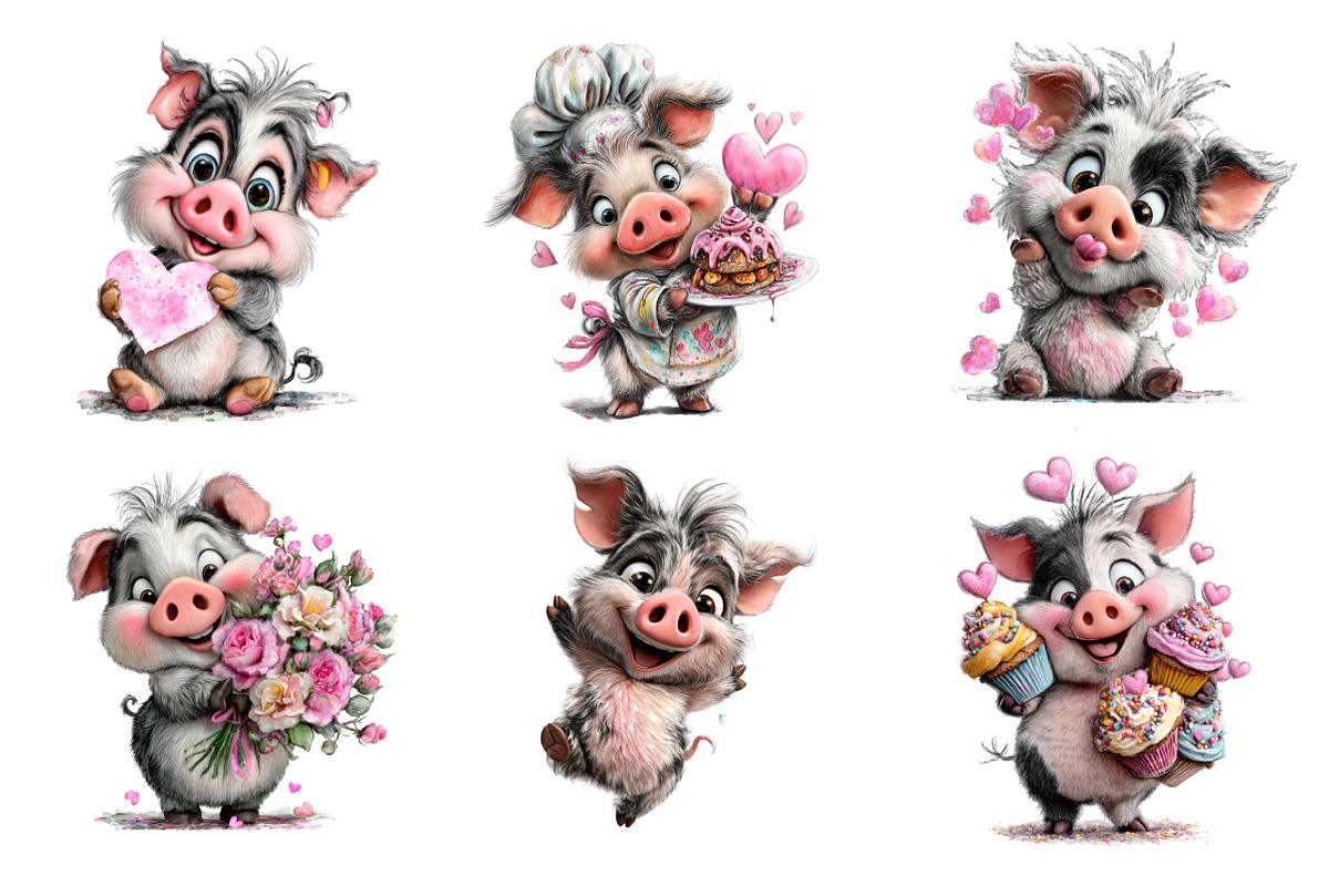 Quirky Valentine Pig Clipart, an Illustration by SinaCreation (Photo 3 of 11)