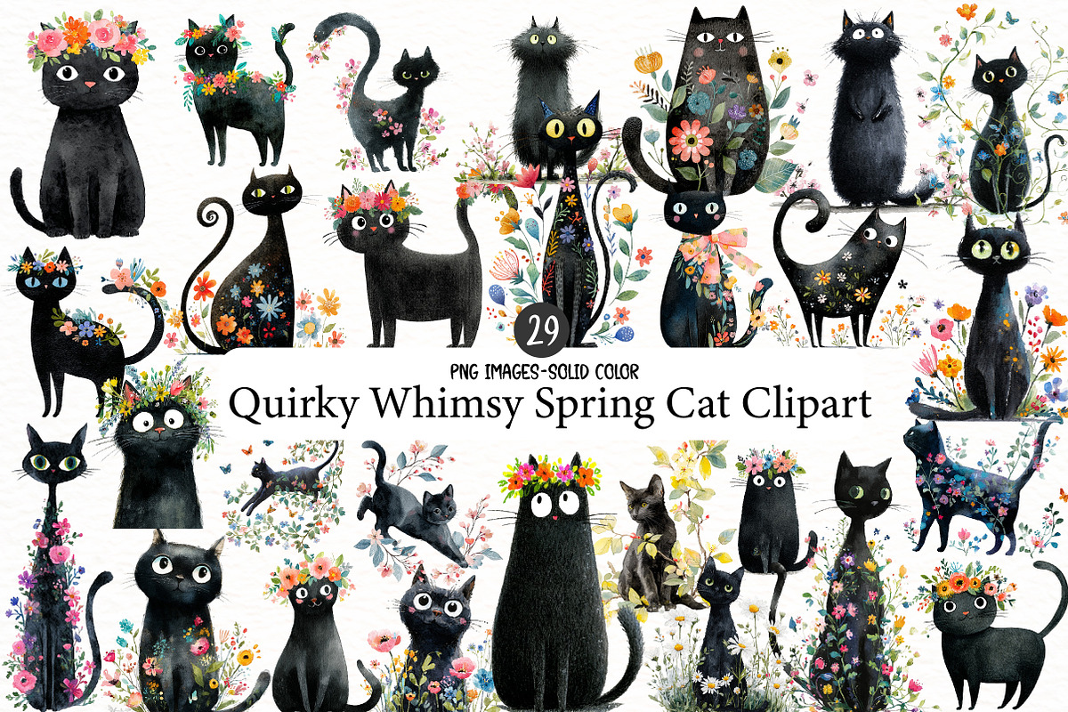 Quirky Whimsy Spring Cat Clipart, an Illustration by Designworld (Photo 1 of 5)