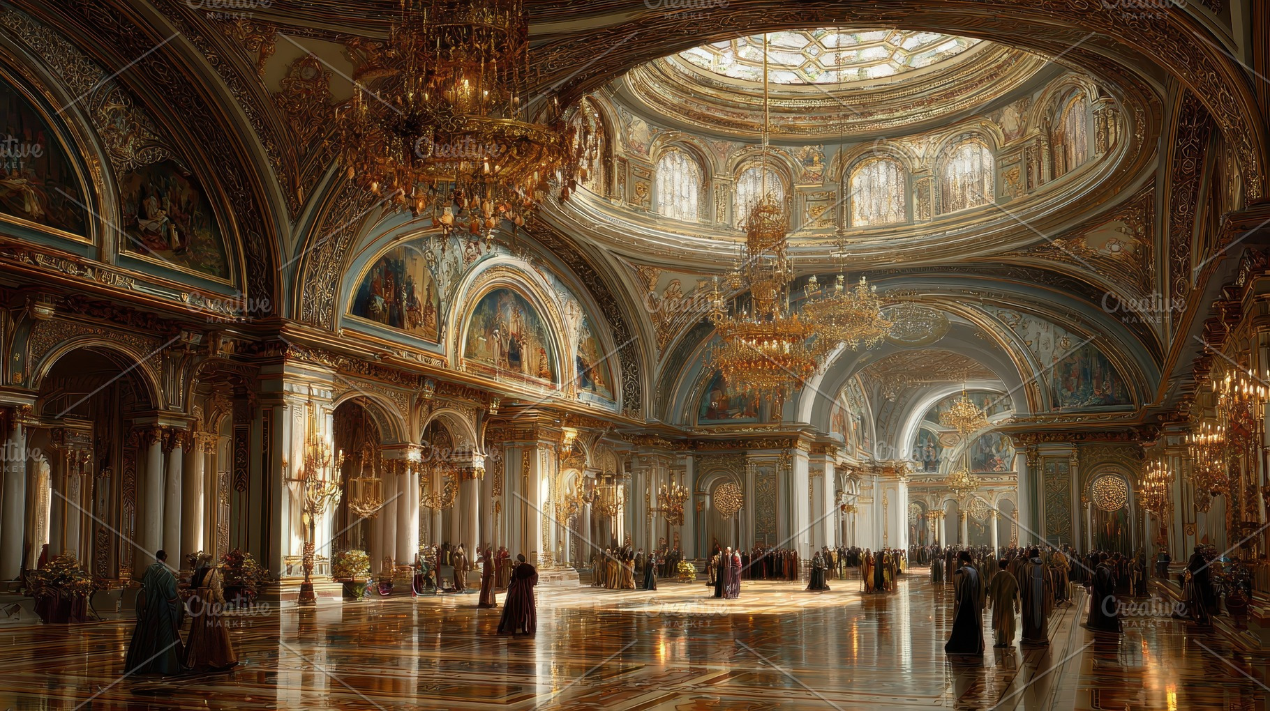 Large hall with golden chandeliers, a Photo by Pavel_design