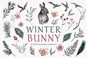 Winter Floral Christmas Bunny Birds