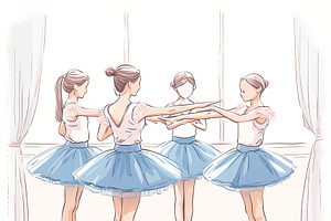 Young ballerinas practicing ballet choreography together in a studio setting, an Illustration by AS photostudio