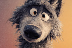 Playful illustration of a wide-eyed cartoon wolf against a soft, an Animal Photo by Ales Munt
