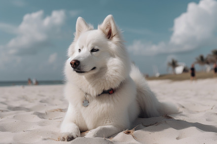 Beautiful Samoyed dog lying on the s, a Photo by Iftikhar Alam