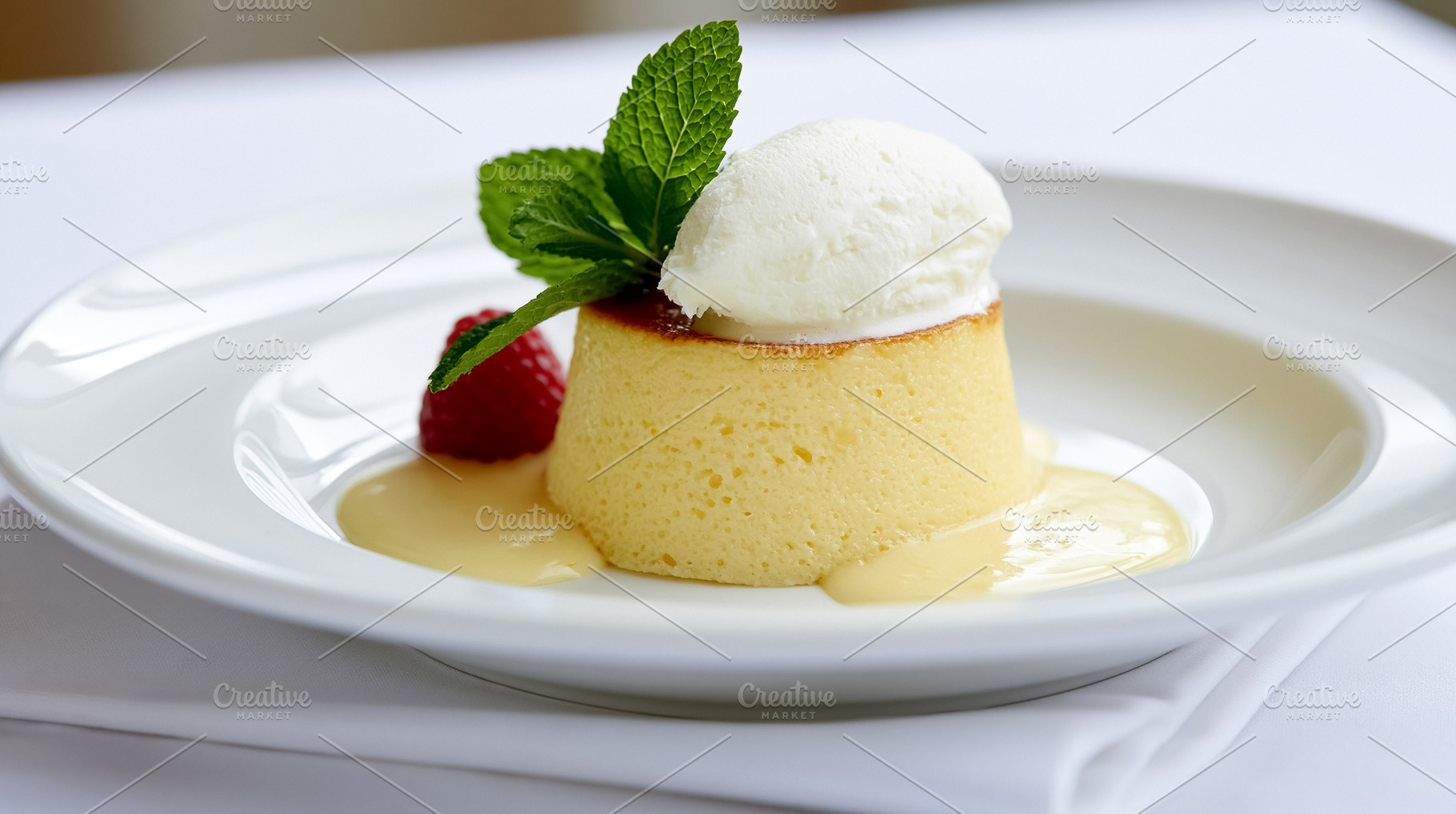 Creamy baked custard dessert with a scoop of vanilla ice cream, fresh mint leav, a Photo by Studio ANNA
