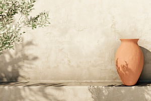 Olive tree shadow on beige wall, pot, an Arts & Entertainment Photo by hitdelight