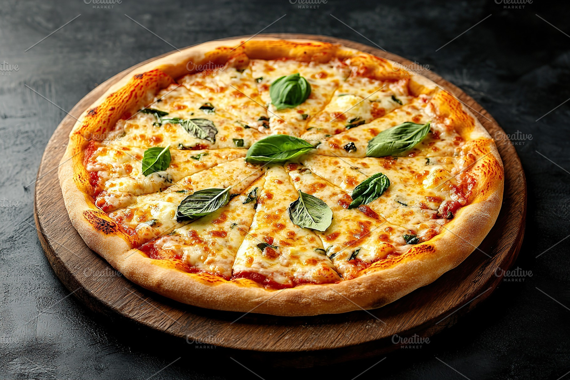 Freshly baked pizza Margherita topped with mozzarella and basil served on a woo, a Food & Drink Photo by AlyaAnd