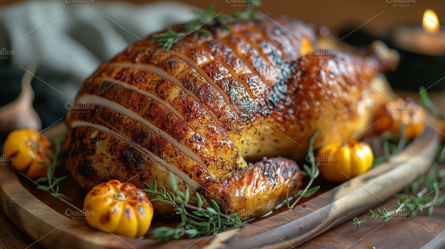 A beautifully roasted turkey garnished with fresh herbs and vibr, a Food & Drink Photo by ImageMir