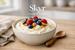 Skyr icelandic yogurt in ceramic bow, a Photo by Dvoevnore photos