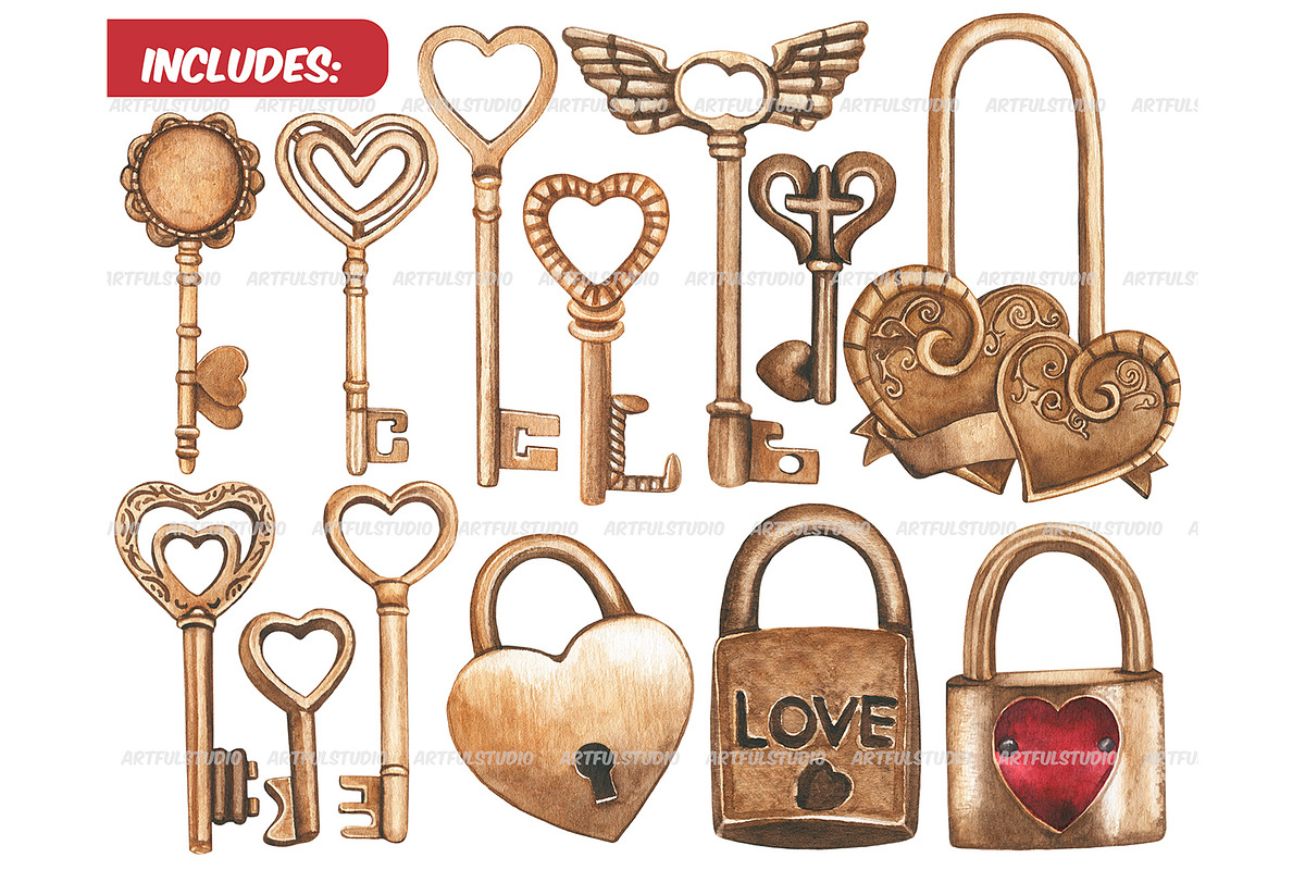 Watercolor vintage Keys and locks, an Object Illustration by ArtfulStudio (Photo 2 of 8)