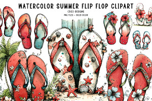 Watercolor Summer Flip Flop Clipart, an Illustration by CreationArt