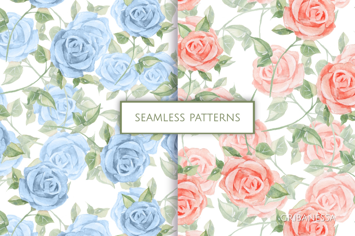 Blue & Pink Watercolor Roses Pattern, a Pattern Graphic by Gribanessa (Photo 1 of 4)