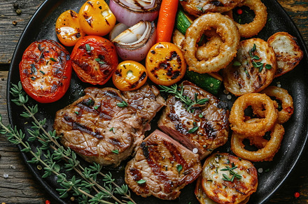 Grilled steak with roasted vegetables and onion rings on a dark, a Food & Drink Photo by Mashimara