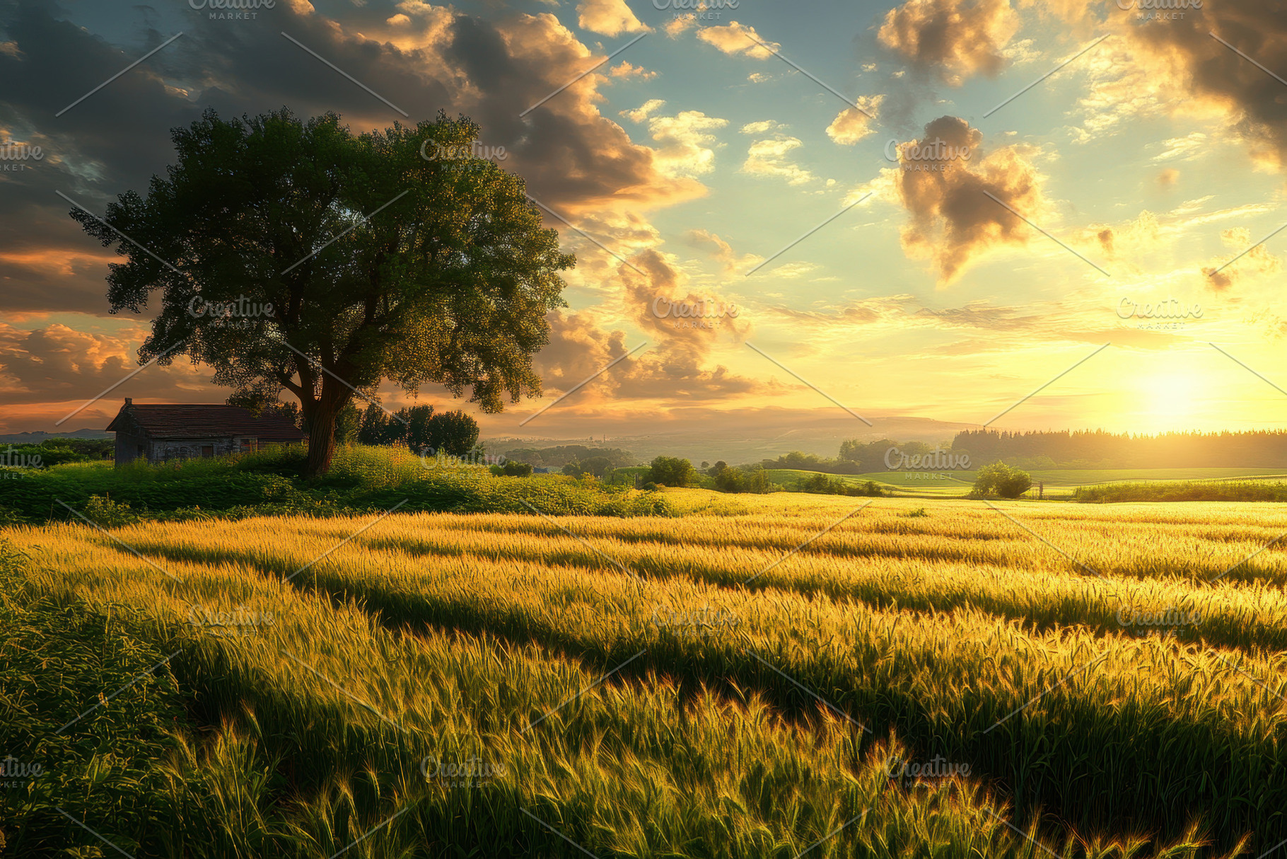 Golden fields and a solitary tree at, a Photo by Tanuart