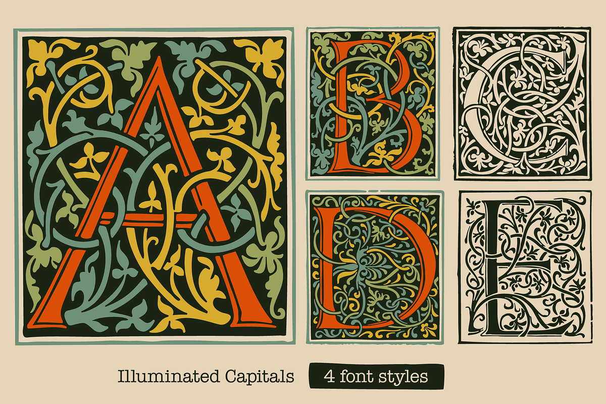 Illuminated medieval drop capitals, a Blackletter Font by kaer_shop (Photo 1 of 12)