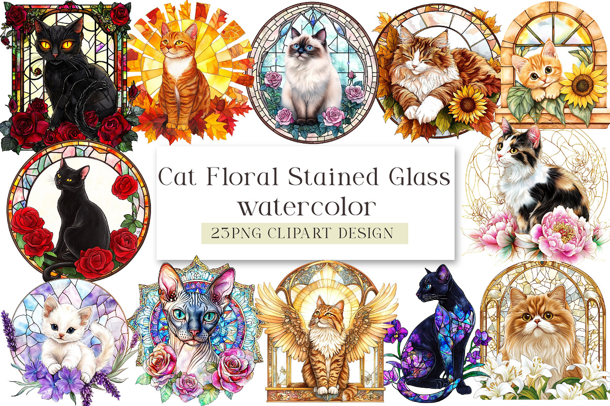 Cat Floral Stained Glass Clipart, an Illustration by DreamArtGraphic (Photo 1 of 4)