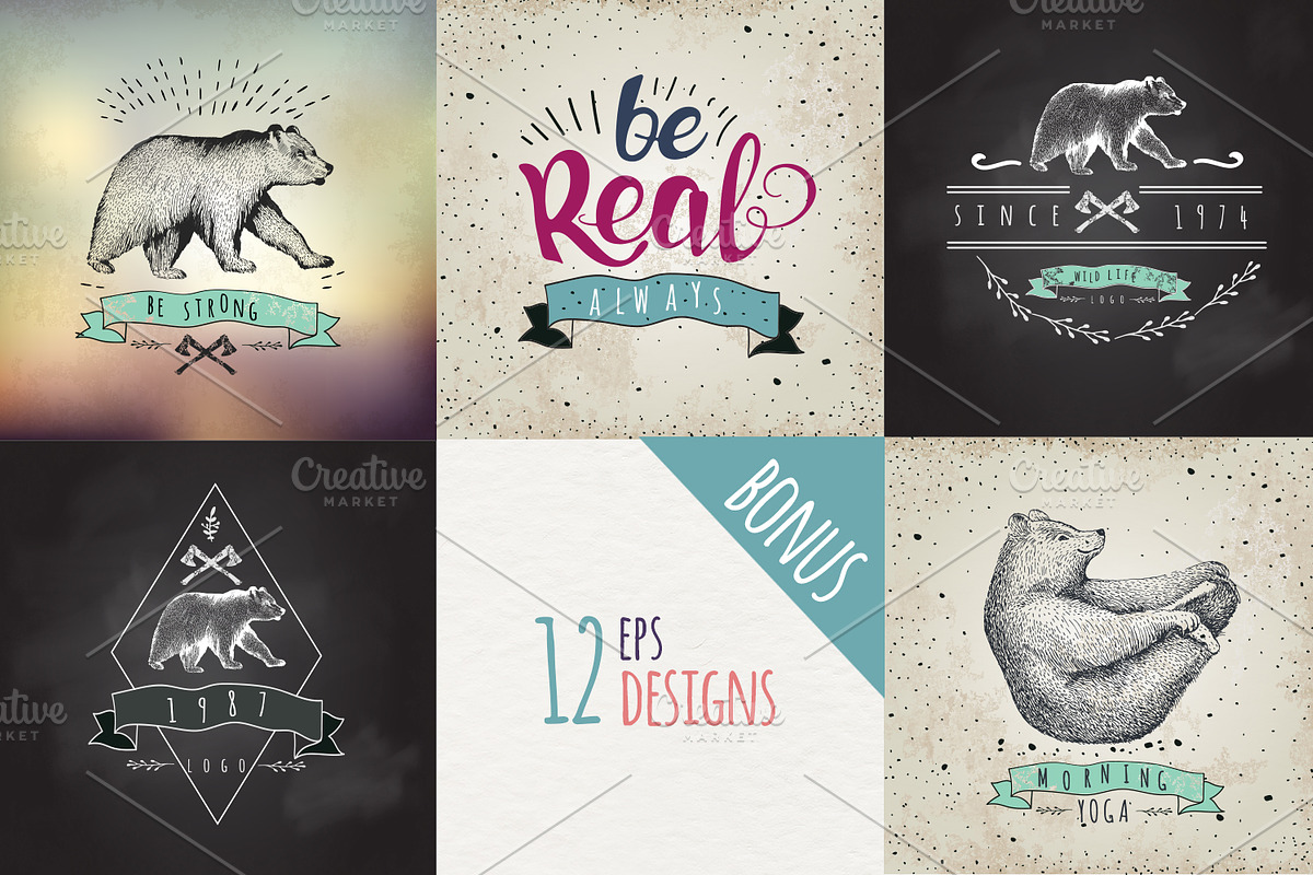 Set of Hand drawn graphic bears, an Animal Illustration by Peace ART
