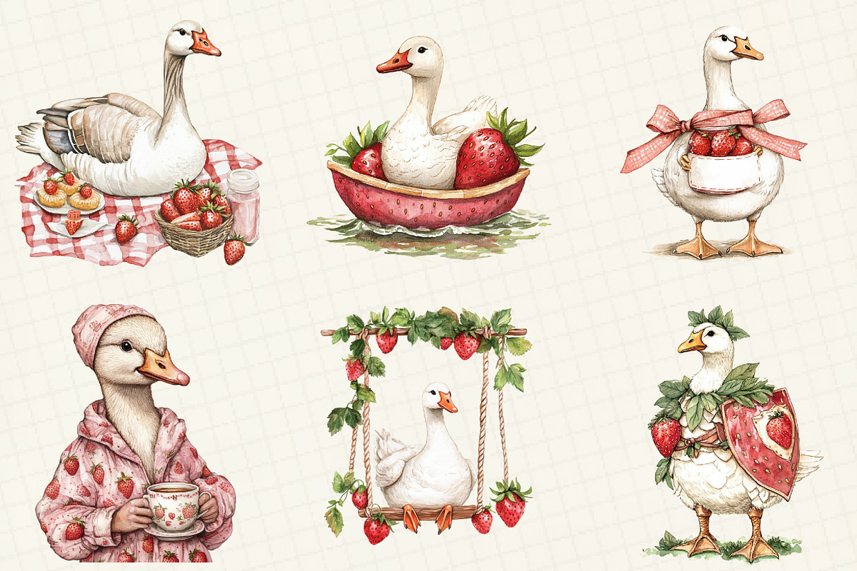 Watercolor Strawberry Goose Clipart, an Illustration by OK Design (Photo 2 of 5)