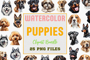 Watercolor Puppy Clipart Set (PNG), an Animal Illustration by DesignBTF