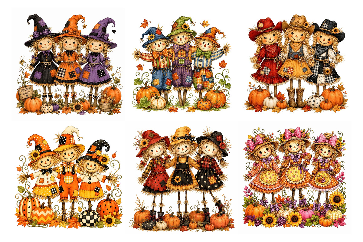 Trio Scarecrow PNG Clipart Bundle, a Seasonal Illustration by Nicolle's Colorful Art (Photo 2 of 8)