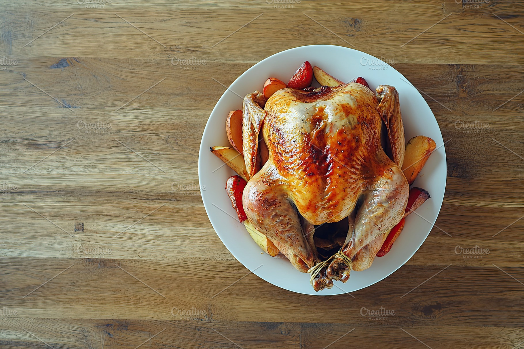 Tasty roasted turkey in plate on wooden background. Thanksgiving day, a Photo by AlyaAnd