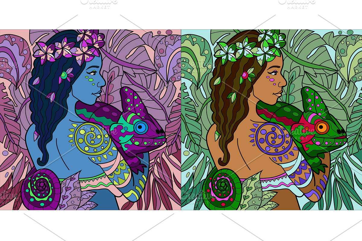 Exotic Girl With Chameleon Line Art, an Animal Illustration by AntonyChernianu (Photo 2 of 2)