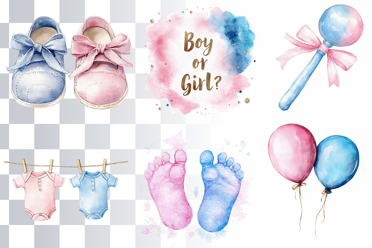 18 Gender Reveal Watercolor Elements, a Decorative Illustration by Loony Dream Designs (Photo 2 of 5)