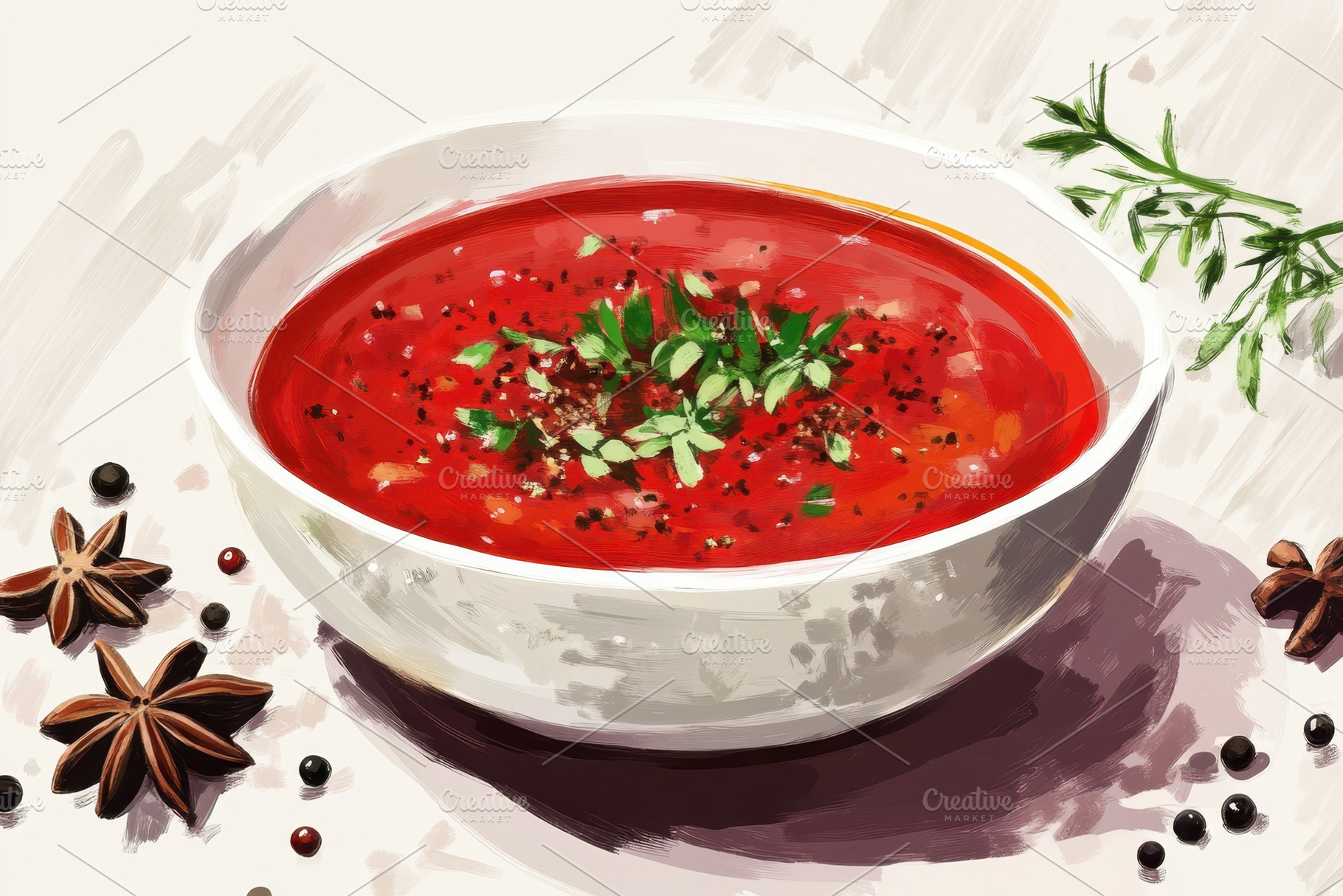 Rich tomato soup garnished, a Photo by Pavel_design