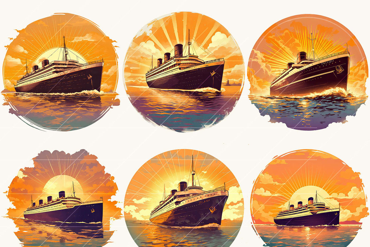 Vintage Cruise Ship Sunset Clipart, a Transportation Illustration by BusyDaydesign (Photo 2 of 9)