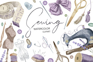 Sewing Kit Watercolor Clipart.