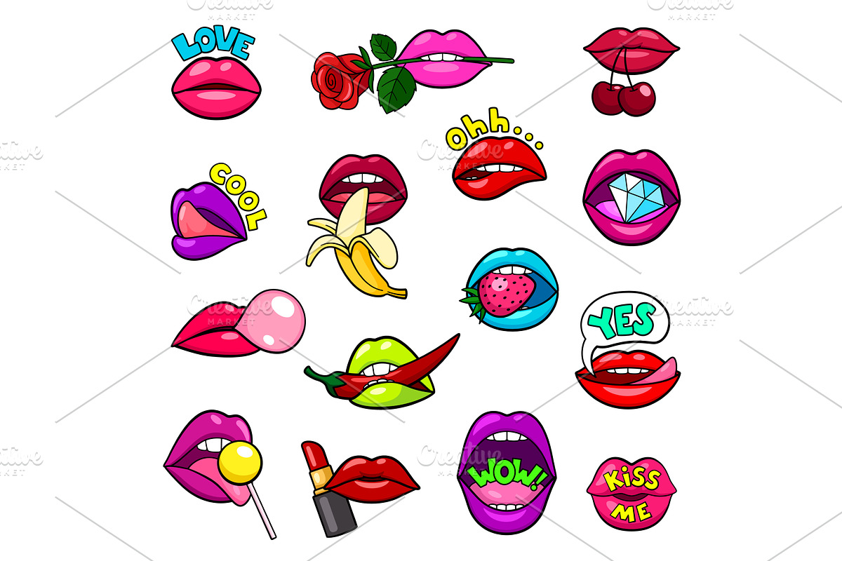 Lips stickers. Comic patch, girl, an Illustration by LadadikArt