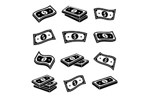 Set of black dollar cash icons, a Finance Illustration by GraphiShop