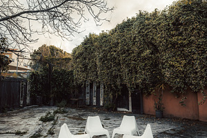 Chairs on cracked patio, moody yard, an Architecture Photo by SkyNext