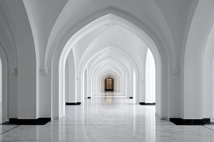 Elegant white arches in a grand hall, a Photo by Beautiful things