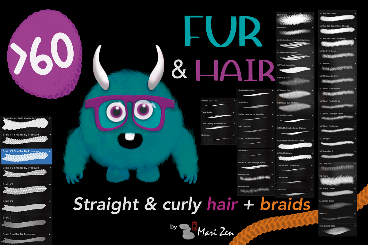 Procreate Hair Brushes and Fur, a Brush Add-On by byMariZen (Photo 2 of 2)