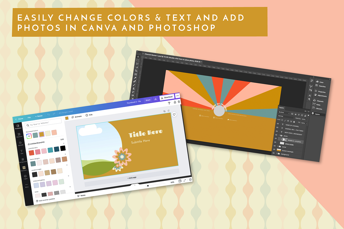 Youtube: 70s Retro Branding Kit, a Social Media Template by Liseno Designs (Photo 6 of 7)