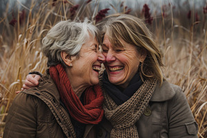 Two women laugh together, embracing, a Photo by Tanuart