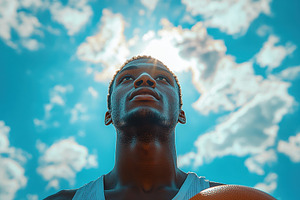 Young athlete looking up at the sky, a Photo by Tanuart