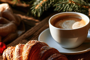 Christmas breakfast with croissant coffee and decorated tree
