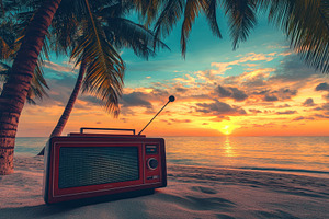 Retro radio resting on the sand as t, a Photo by Iftikhar Alam