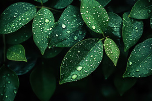 Raindrops glimmer on dark green, a Photo by Pavel_design