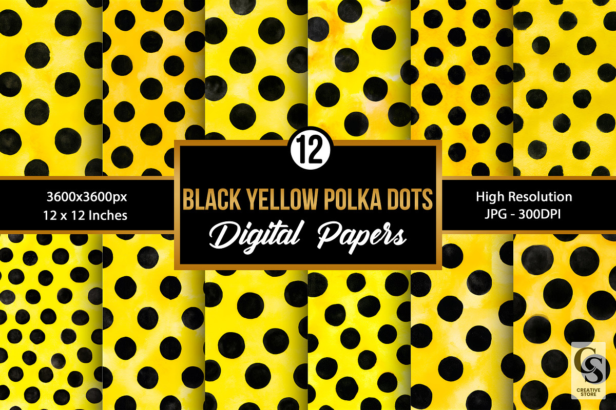 Black Yellow Watercolor Polka Dots, a Pattern Graphic by Creative Store (Photo 1 of 5)