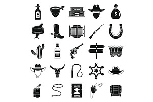 Western Cowboy Icons Set, Simple