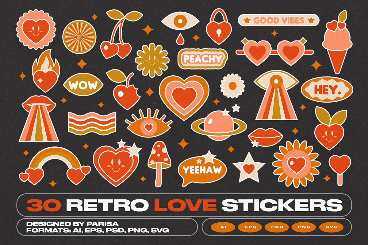 30 Retro Love Stickers, an Object Graphic by Parisa-Artstudio (Photo 1 of 6)