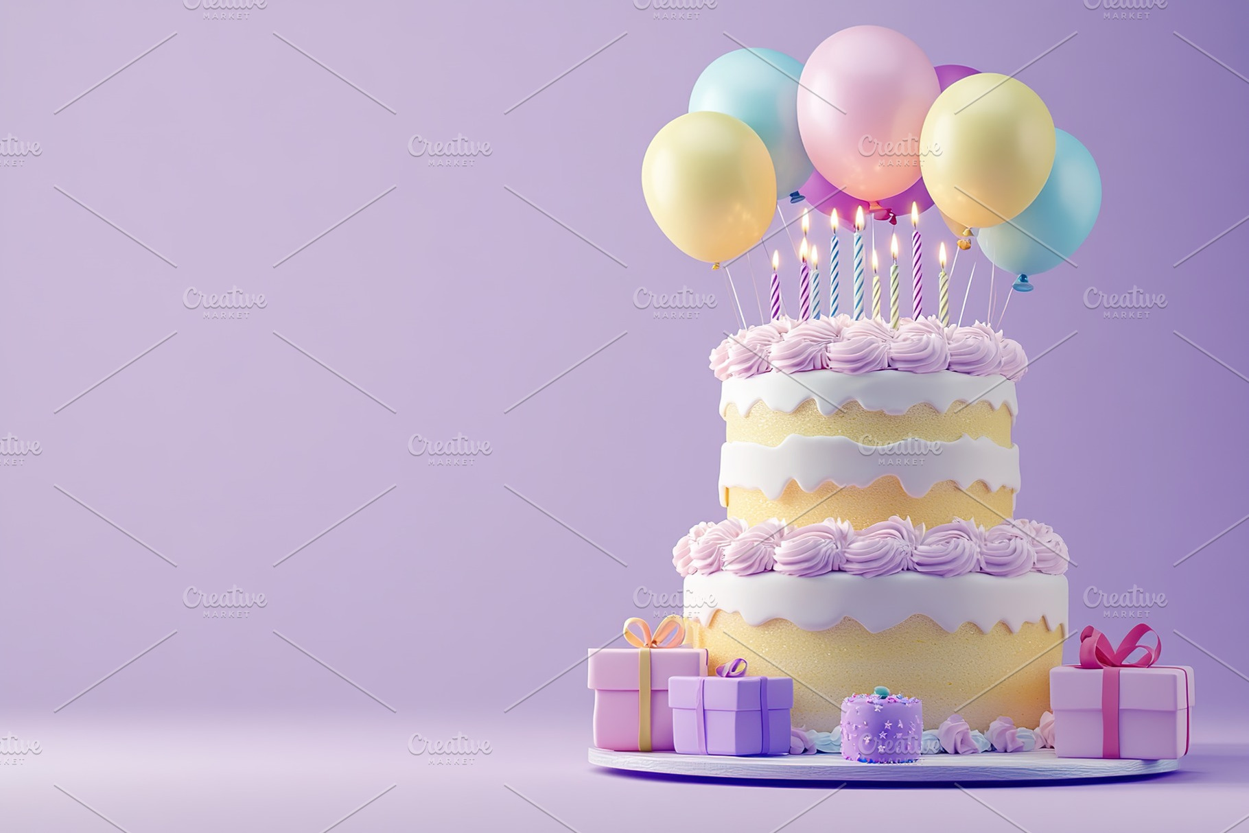 Illustration of tiered birthday cake with party balloons and candles, a Photo by AlyaAnd