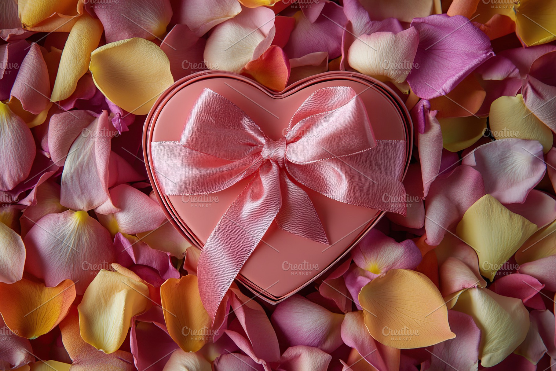 Gift box with ribbon bow and flower petals for Valentine's Day holiday, a Holiday Photo by AlyaAnd