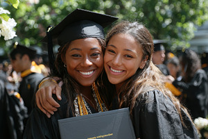 Happy graduates embrace at graduatio, a Photo by Pixeness Studio