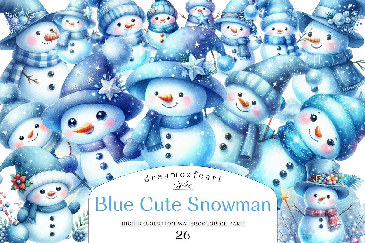 Watercolor Blue Cute Snowman Clipart, an Illustration by DreamCafeArt (Photo 1 of 6)