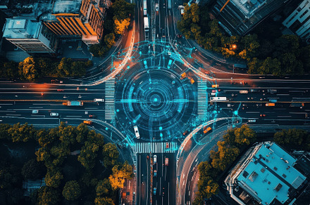 Aerial shot of futuristic city roads, a Photo by Pavel_design